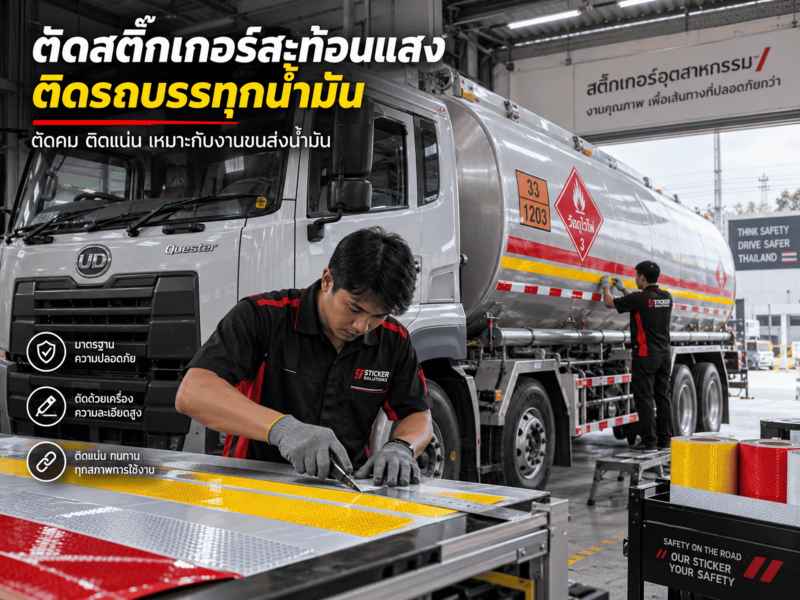 ตัดสติ๊กเกอร์สะท้อนแสงติดรถบรรทุกน้ำมัน